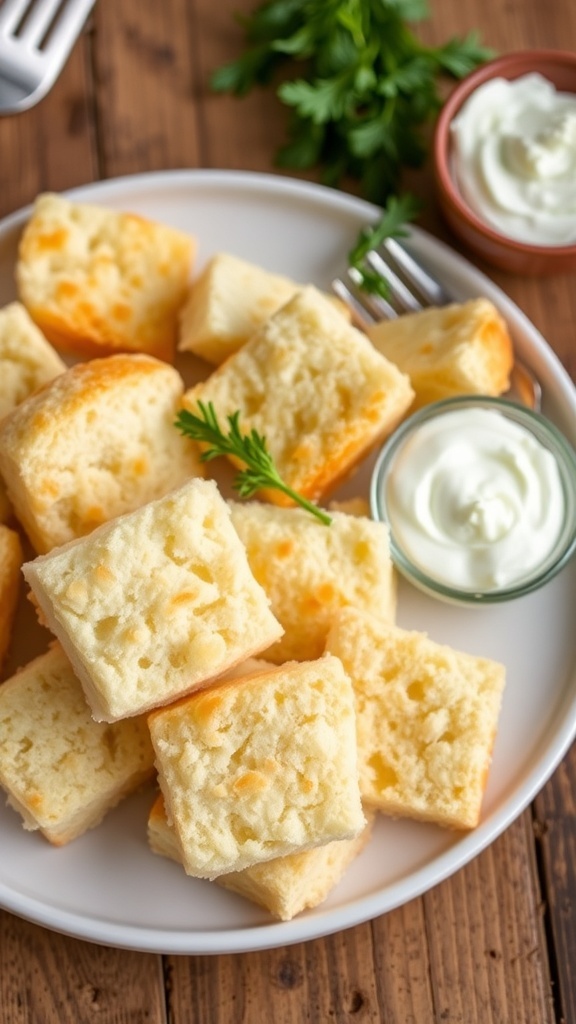 Fluffy cloud bread pieces on a plate with herbs and cream cheese spread.